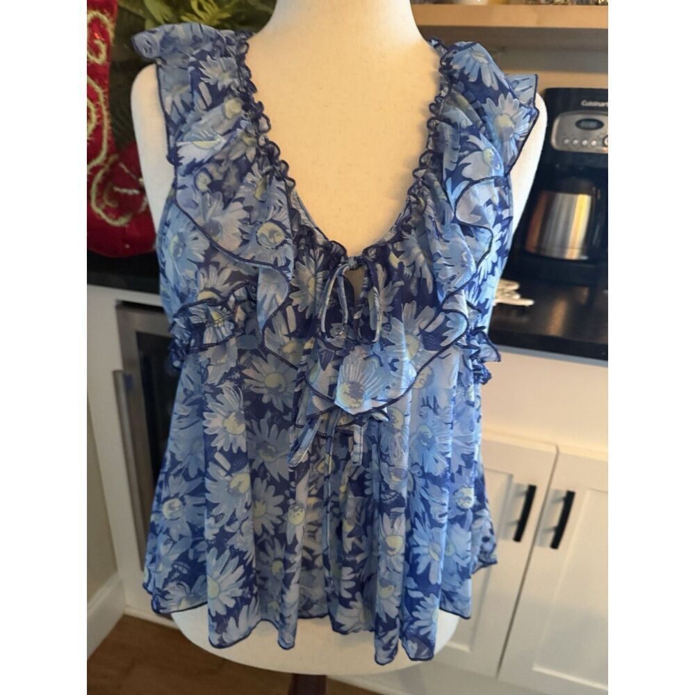 Free People Top Womens Small Blue Floral Boho Sleeveless Ruffle Tiered Summer